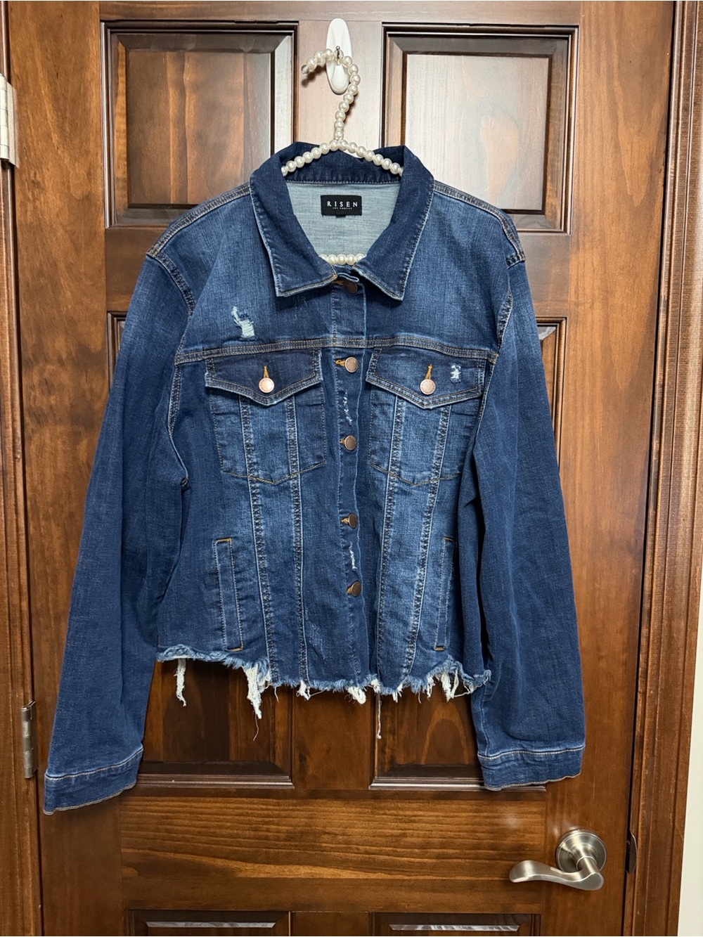 Risen Women's Dark Blue Distressed Denim Jacket